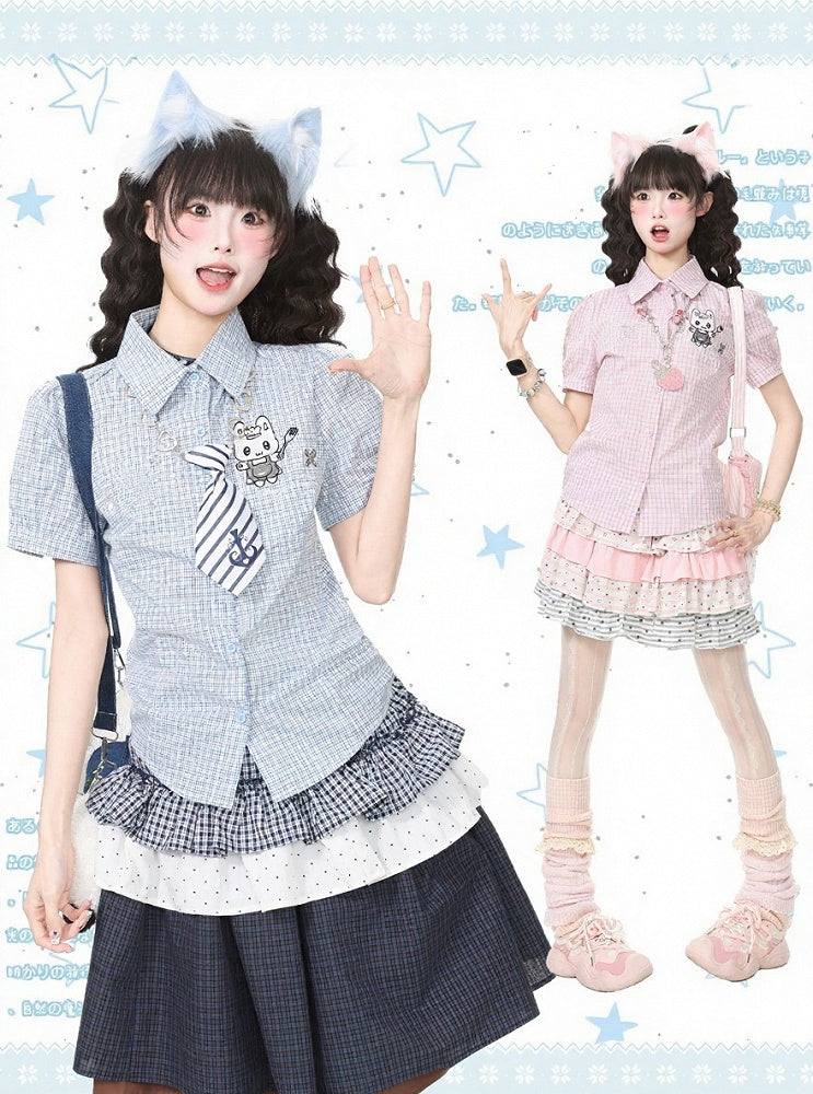 Blue Gingham Short-Sleeve Blouse with Bunny Embroidery, Kawaii Casual - Languid Park