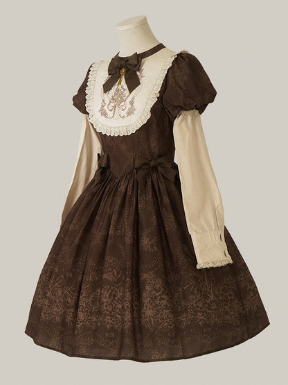 Piece Version Lolita Floral Bodice One Embroidery Classic and Brown Short Bowknot