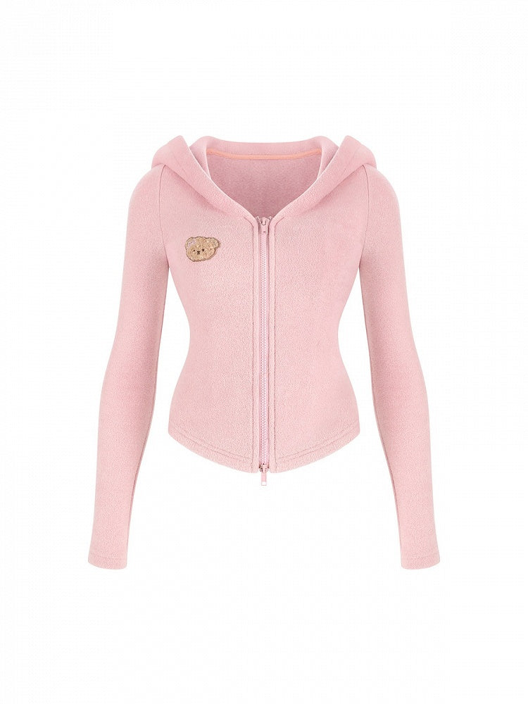 Hooded Jacket Pink Fitted Long Sleeve Bear Embroidery - serendipity