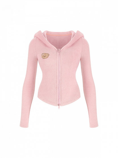 Hooded Jacket Pink Fitted Long Sleeve Bear Embroidery - serendipity