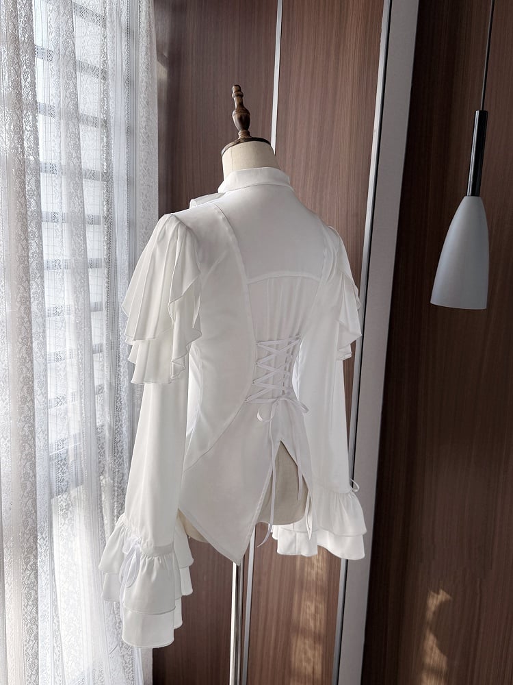Blouse Ouji Lolita White Shoulder Aristocrat with Cascading Panels Ruffle