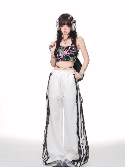 Cut Lace Wide-Leg White/Dark Trim Pants Blau Blokettecore