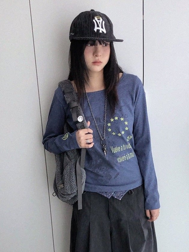 Y2K Purple Wide-Neck Long-Sleeved Fitted Tee with Distressed Graphic - innomoood