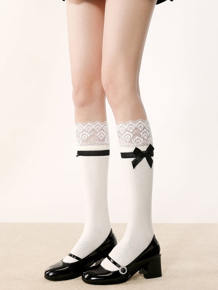 Gray Calf Bow Black/White/Dark Accent Socks Trim Lace