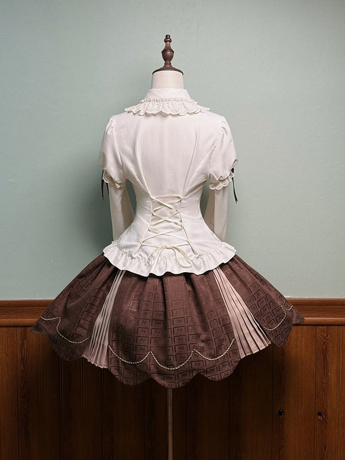 Skirt Sweet Scalloped Chocolate Lolita Brown Pleating Details with Edge Trim