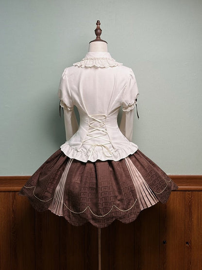 Skirt Sweet Scalloped Chocolate Lolita Brown Pleating Details with Edge Trim