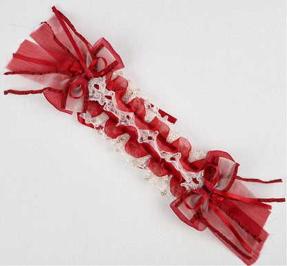 White Ribbon Lace Hairband Ruffled Red