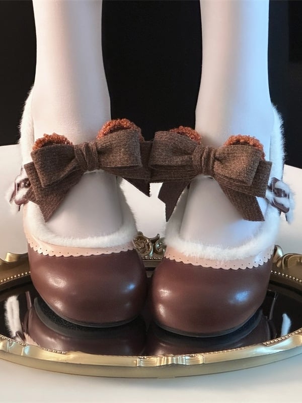 Chocolate Regular/Thicken Scalloped with Version - Sweet Bear-themed Lolita Trim Low/Mid Bow Removable Ornate Heels