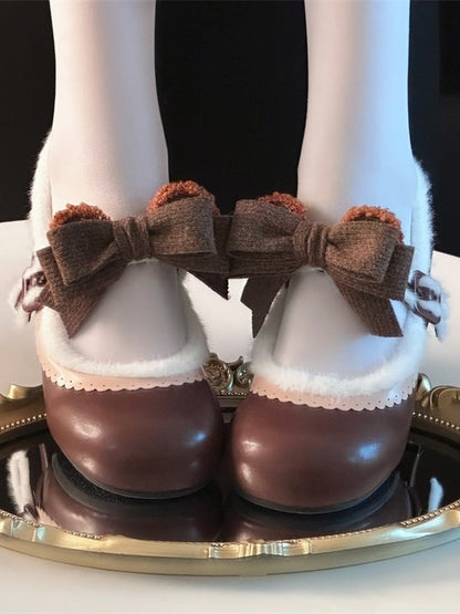 Chocolate Regular/Thicken Scalloped with Version - Sweet Bear-themed Lolita Trim Low/Mid Bow Removable Ornate Heels