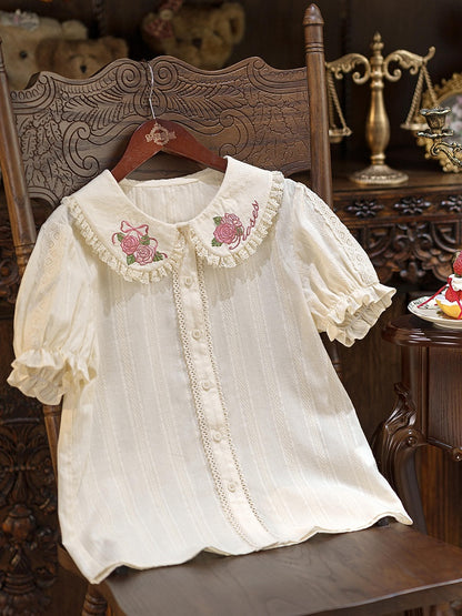 Pink Rosette Embroidery Collar Cream Short Sleeve Blouse - Dream Magic Box