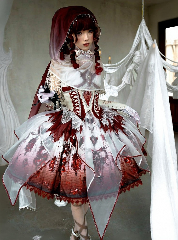 Red & White Bone Dragon Embroidery Halter Neck Gothic Lolita Dress Set - Ying Luo Fu