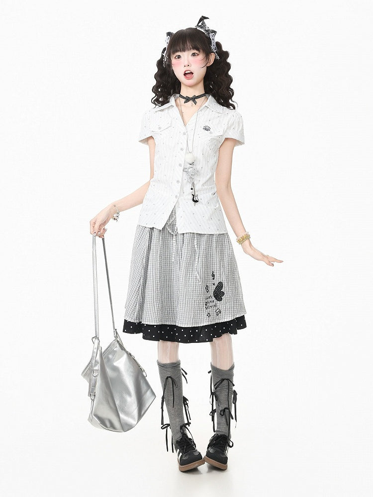 White Polo Collar Short Sleeve Blouse with Polka Dots - Languid Park