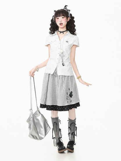 White Polo Collar Short Sleeve Blouse with Polka Dots - Languid Park