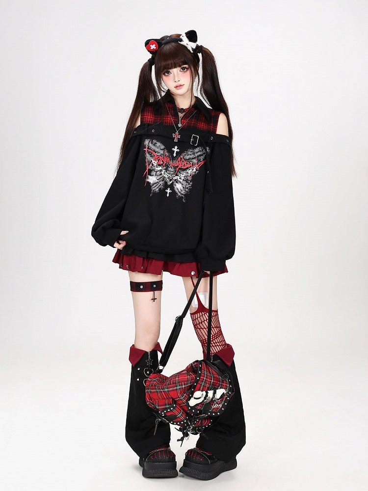 Hot Girl Style Cold Shoulder Sweatshirt with Pixel Butterfly Print in Red and Black Plaid Faux Two-Piece - CRAZY GIRL