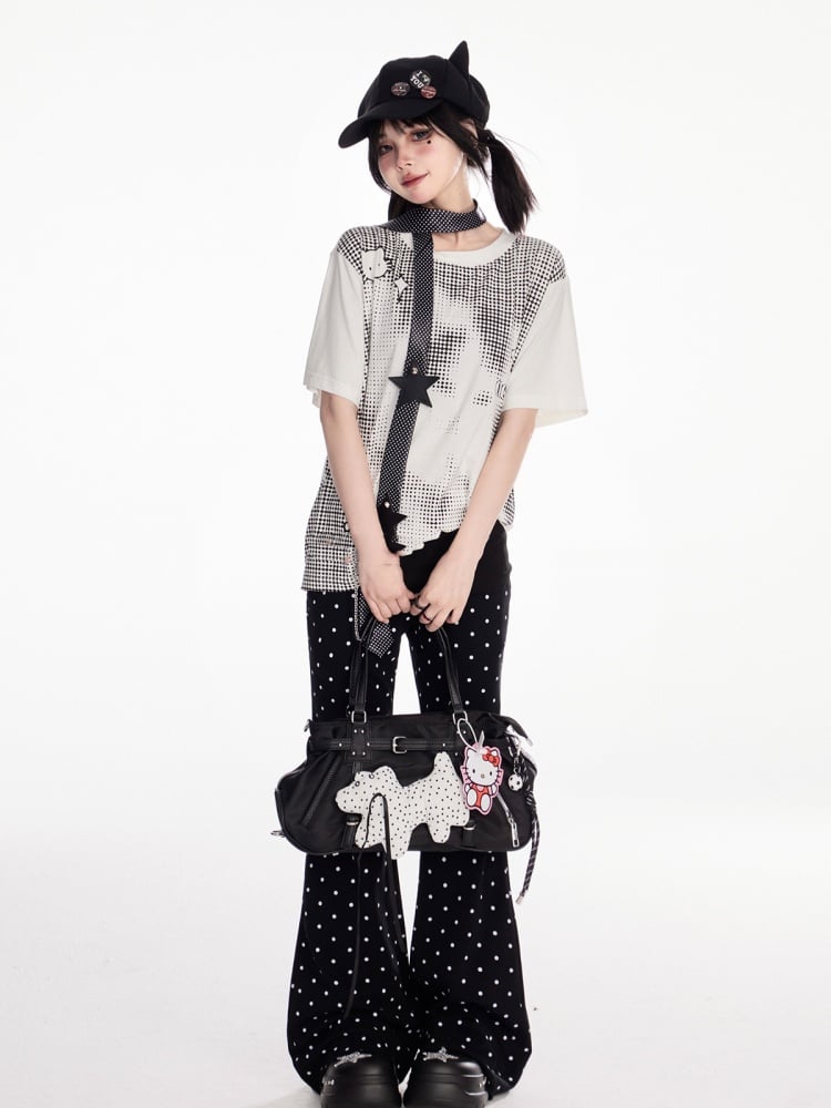 Ausgestellte Freizeithose Schwarz Polka Dot Elastische Taille Schmal geschnitten