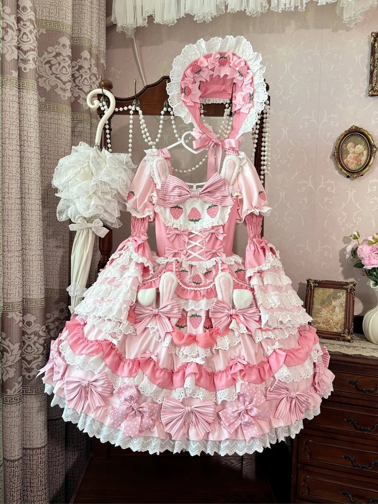 Four-pieces Pink Lolita Sweet Set-Tiered Creamy Strawberry Bunny
