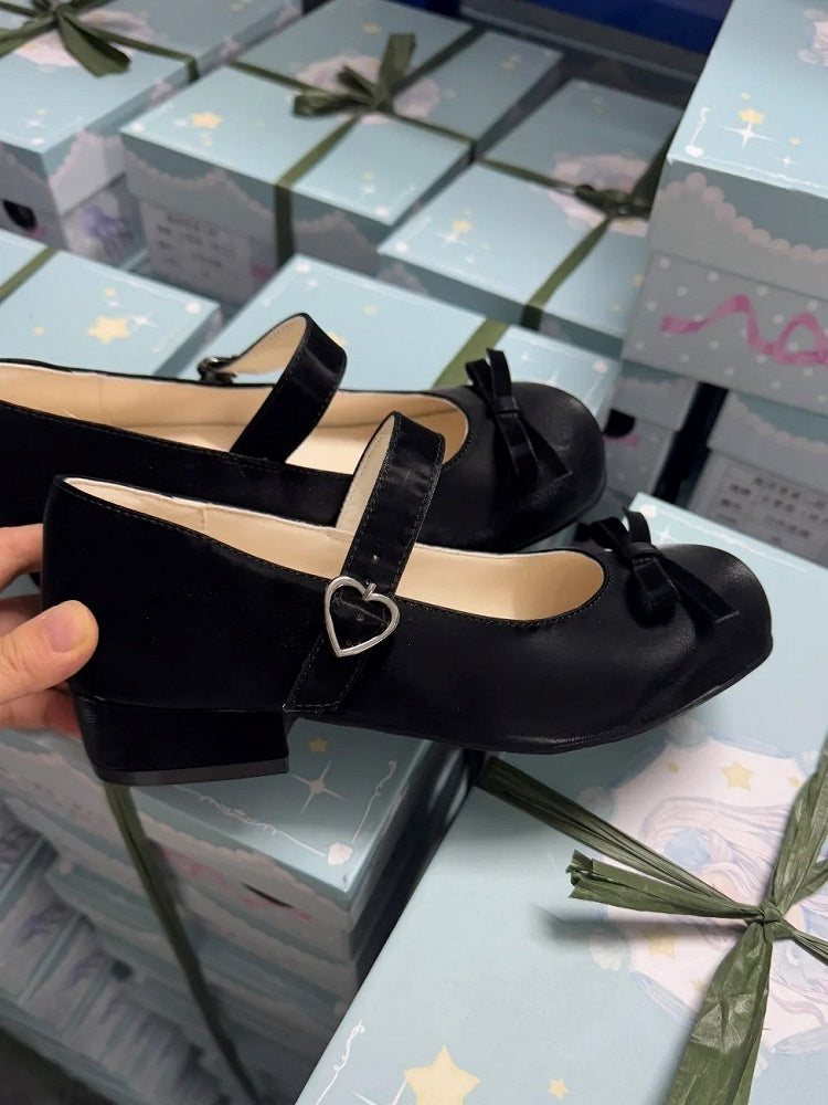 Mary Jane with Sweet Details Bow 3cm Shoes Heeled Round Lolita Black Toe