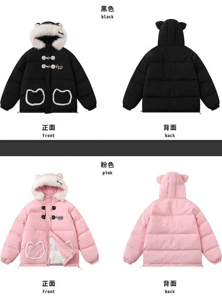 Black/Pink Letters Cat Ears Design Hooded Puffer Jacket