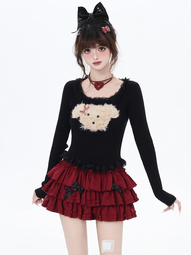 White/Grey/Black Plush Puppy Applique Lace Trim Knit Top