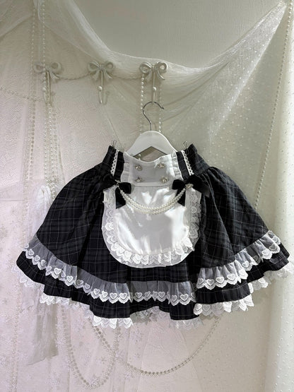 Apron Design High-Waisted Plaid Skirt with Lace, Black & White Maid Style - kukuwa