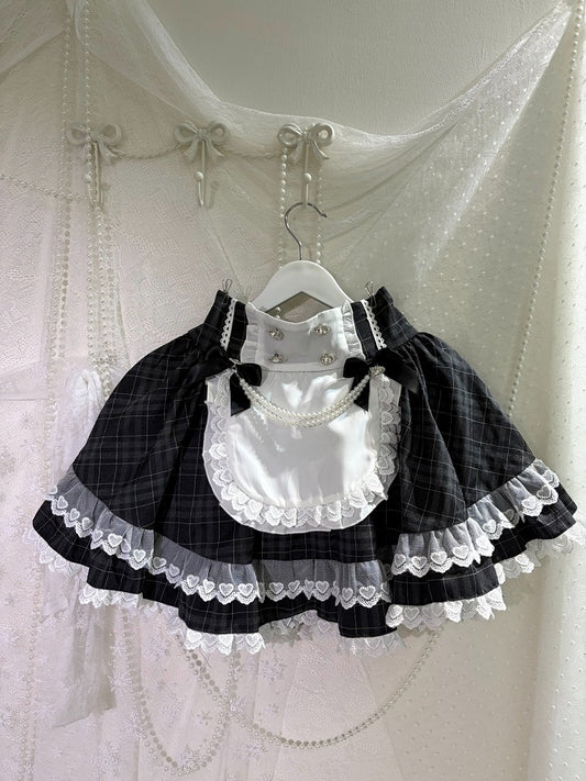 Apron Design High-Waisted Plaid Skirt with Lace, Black & White Maid Style - kukuwa