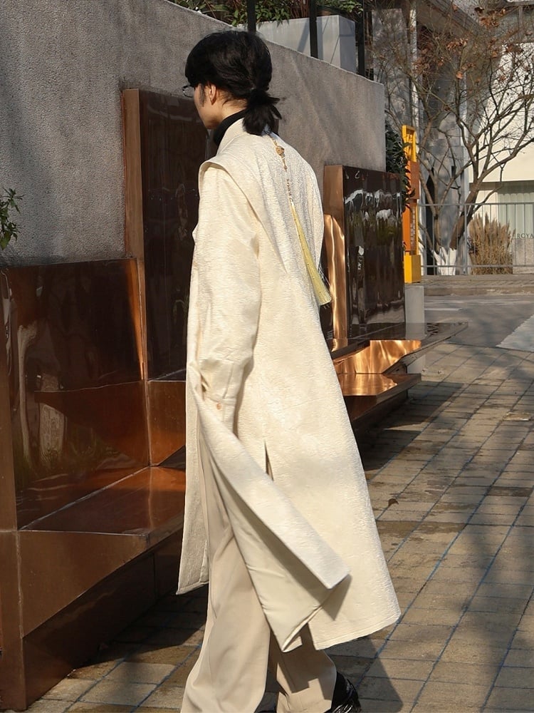 Beige Trench Coat with Dragon Embroidery, Mandarin Collar & Removable Tassel Accent - Feng Hua Gui Guo Ling