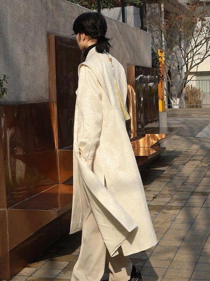 Beige Trench Coat with Dragon Embroidery, Mandarin Collar & Removable Tassel Accent - Feng Hua Gui Guo Ling
