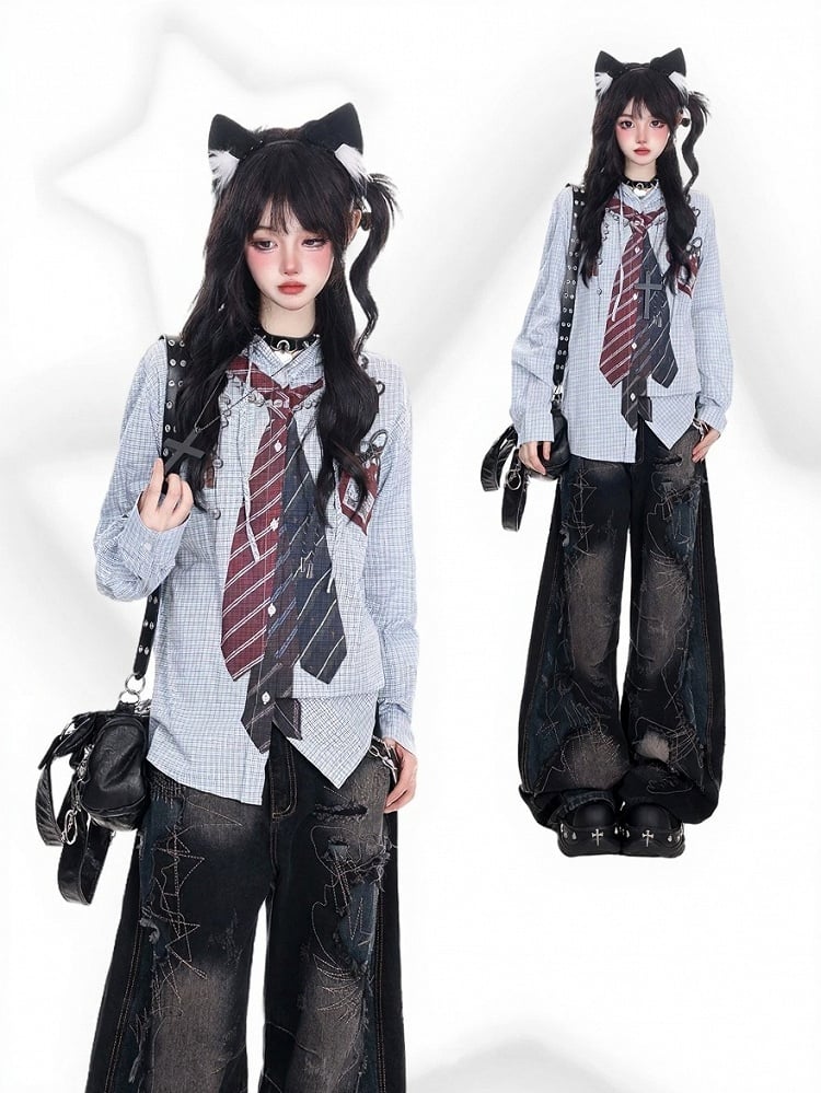 Blue Print Shirt and Sleeve Drawstring Vintage Hood Tie with Plaid Long