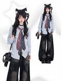 Blue Print Shirt and Sleeve Drawstring Vintage Hood Tie with Plaid Long