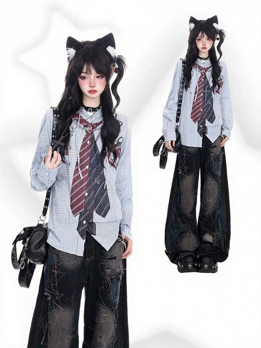 Blue Print Shirt and Sleeve Drawstring Vintage Hood Tie with Plaid Long