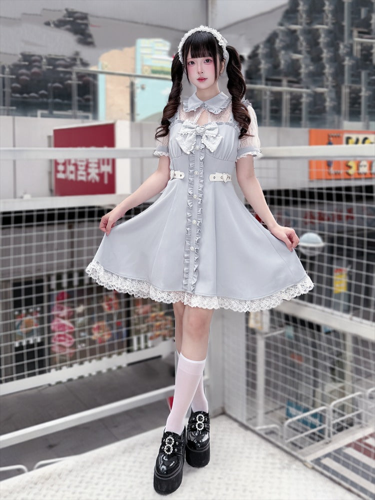 Light Blue Fake Two Piece Lace Patch Short Sleeve Dress - Puppet Bombs
