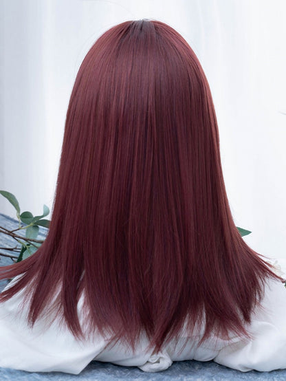 赤みがかった茶色のストレート合成ウィッグ（前髪付き）