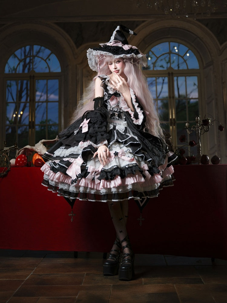 Witch-Themed Cross Accent Lolita JSK Full Ensemble in Black and Pink with Bow Train, Cape, Detachable Sleeves, Hat and Outer Sleeves - Felinae Cookie