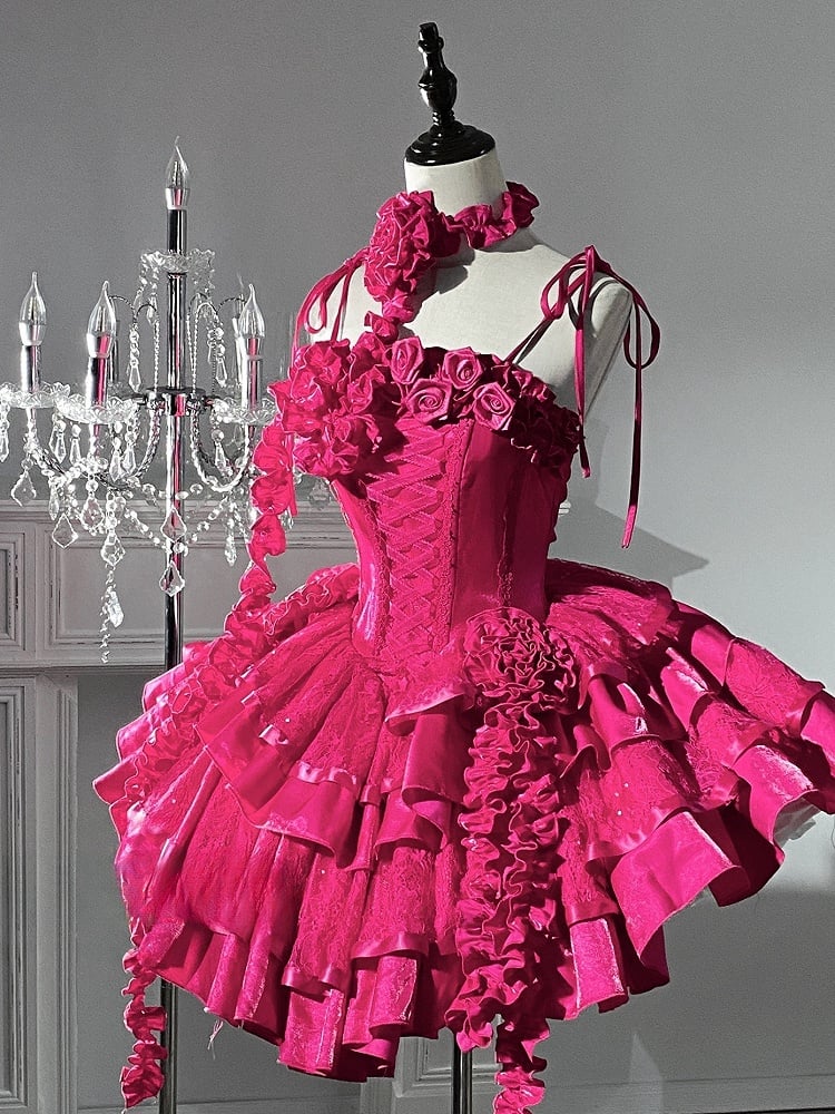 Barbie Boning Tiered Ruffle Roses Pailletten Hot Pink Kleid Goth Ausschnitt Lolita