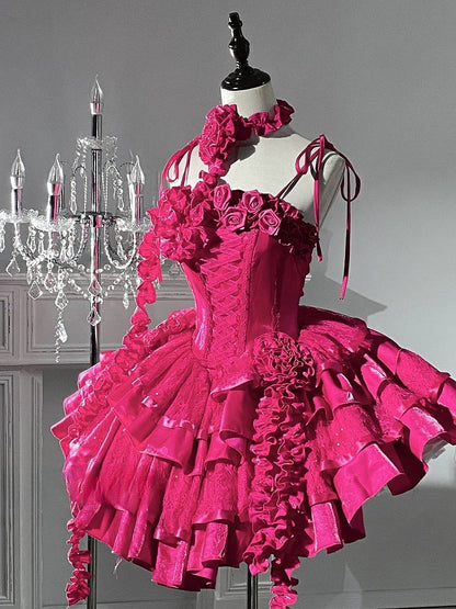 Barbie Boning Tiered Ruffle Roses Pailletten Hot Pink Kleid Goth Ausschnitt Lolita