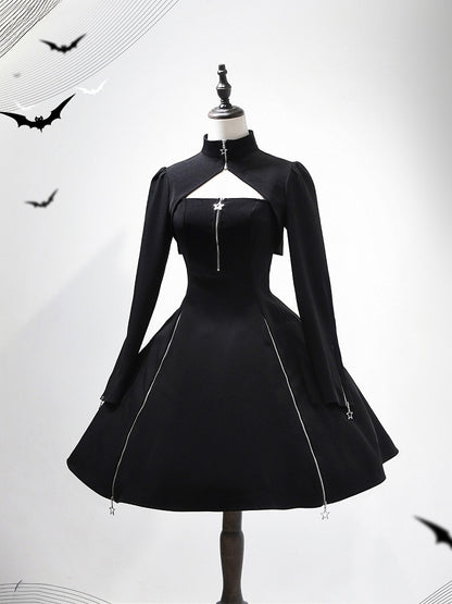 + JSK Sleeves Top Slim Black Cropped Long Lolita Dress Fit Gothic Waist