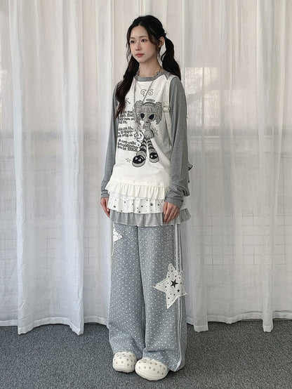White Raglan Sleeve Cartoon with Top Hem Print Girl Flounce