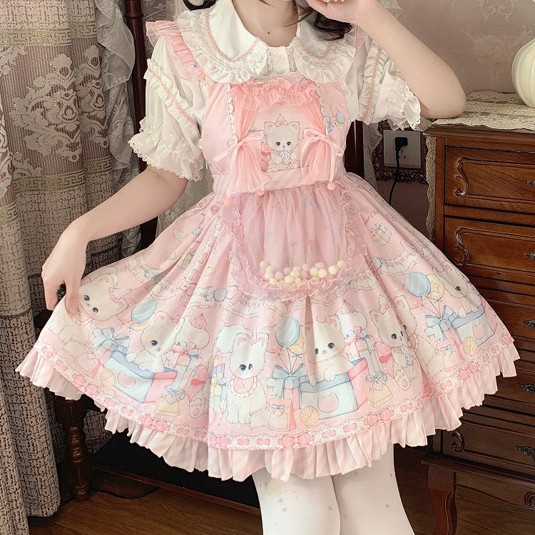 Pink Kitty and Polka Dots Pattern Sweet Lolita Overall Dress