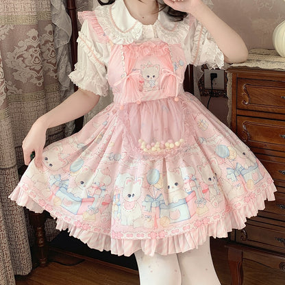 Pink Kitty and Polka Dots Pattern Sweet Lolita Overall Dress