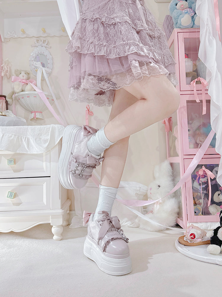 Platforms Kei Design Bow Pink Jirai Beaded Buckle Shoes Accents