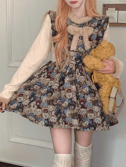Dress with Plush Bowknot Faux Two-Piece Design Vintage Bear Print Brown
