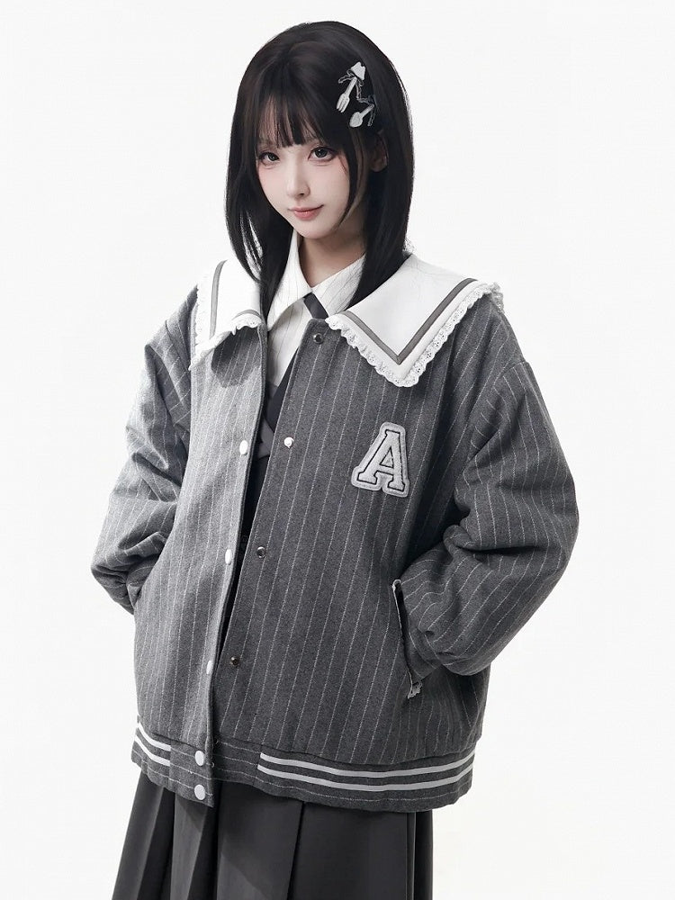 Plush Jacket Striped Preppy Letter Style Gray Patch Baseball -