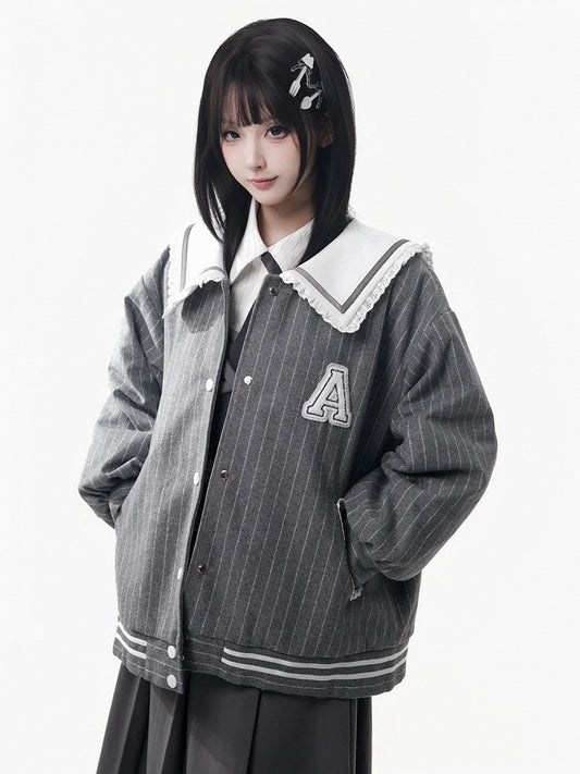 Plush Jacket Striped Preppy Letter Style Gray Patch Baseball -