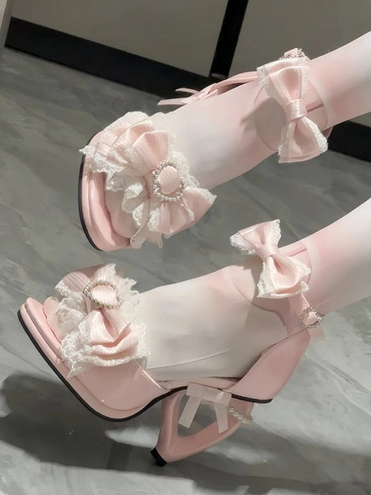 with Beaded Lolita Pink Shoes High-heel Hime Embellishments