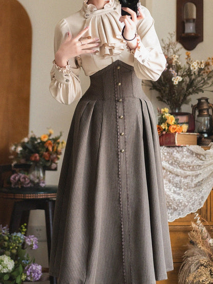 Brauner Frühlings-Lolita-Rock mit hoher Taille und Stäbchen