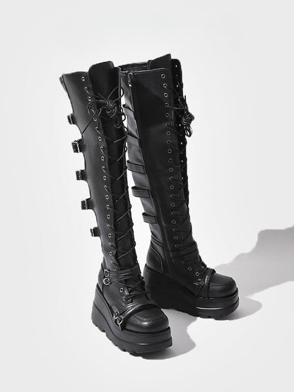 Thigh-high Black Lace-up Platform Closure Boots - Punk