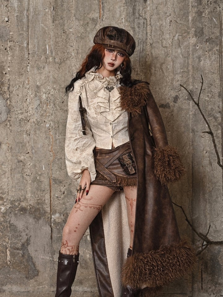 フリルネックライン アプリコット スチームパンク バルーンスリーブ シャツ