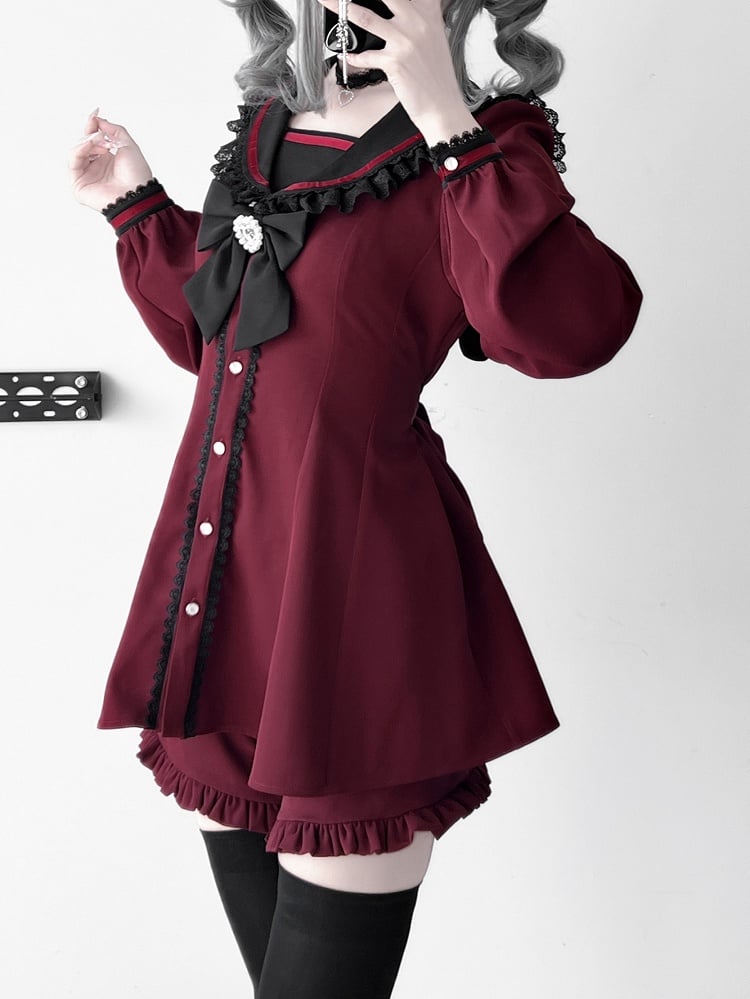 Kei-Ohren, Jirai, rotes Set – Schleifendesign auf der Rückseite + weinrotes Minikleid + Shorts mit Rüschensaum, Krawatte, Matrosenkragen, Hase