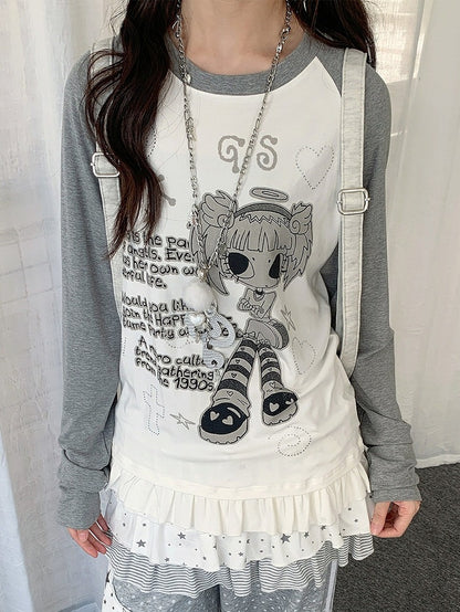 Colorblock Round Neck Long Sleeve Ruffle Hem Top with Cartoon Print - Solkatt