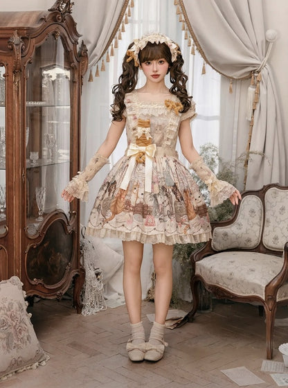 Beige Cat Print Square Neckline Sweet Lolita JSK Dress with Plush Cat Patch - NyaNya